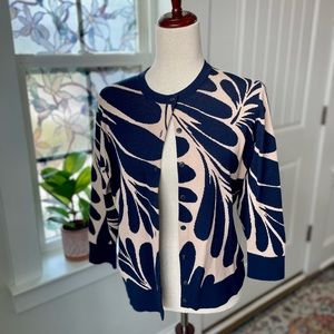 Ann Taylor Sweater Women's Blue Cream Floral Leaf Cardigan Soft Safari - Size L